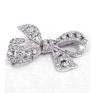 Vintage Rhinestone Bow Brooch Pin Silver Tone Elegant Jewelry Accessory